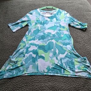 LOGO by Lori Goldstein Teal and Green Tunic Top With Pickets